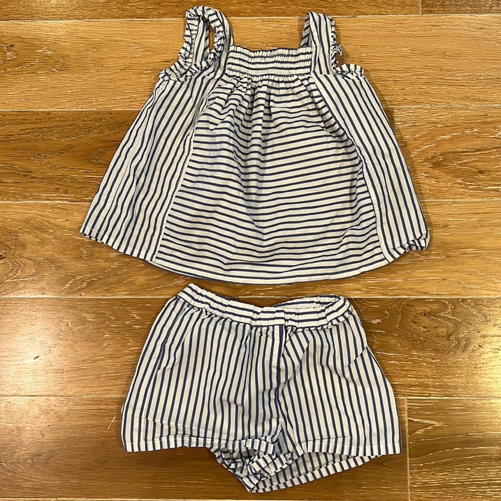 Victoria Beckham for Target white & blue striped ruffled top & short set.